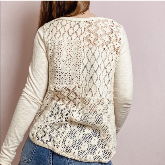 FREE PEOPLE Small 100% Cotton Romantic Long Sleeve Vanilla T Lace Crochet Sheer - Picture 3 of 11